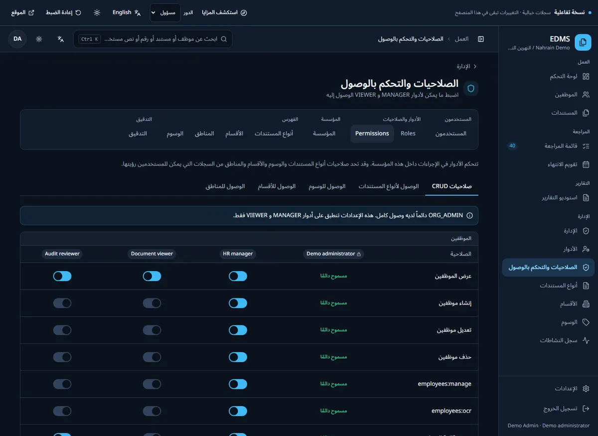 واجهة الأدوار وصلاحيات الوثائق وسجل التدقيق في EDMS باستخدام بيانات خيالية